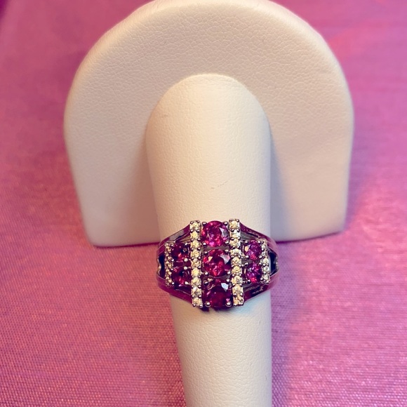 Raspberry Color Rhodolite & White Zircon Ring - Picture 7 of 14